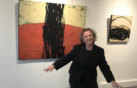 Helen in front of “Hero & Legends Daybreak”, at her reception at Gallery 1202 2020